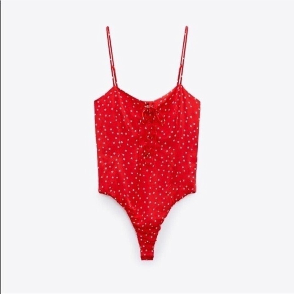 Zara Red Lace Up Satin Effect‎ Star Print Bodysuit